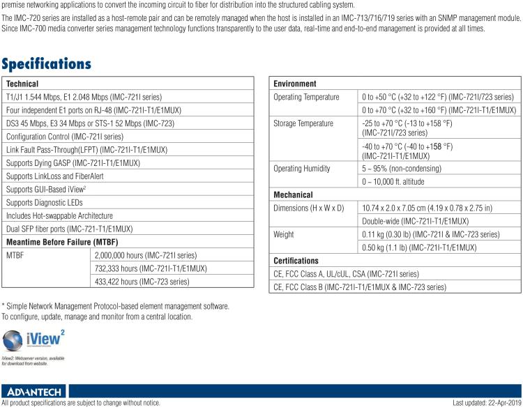 研華IMC-723-SSER Managed Modular Media Converter, DS3, Single-Strand 1550xmt, 40km, SC (also known as iMcV 850-14413)