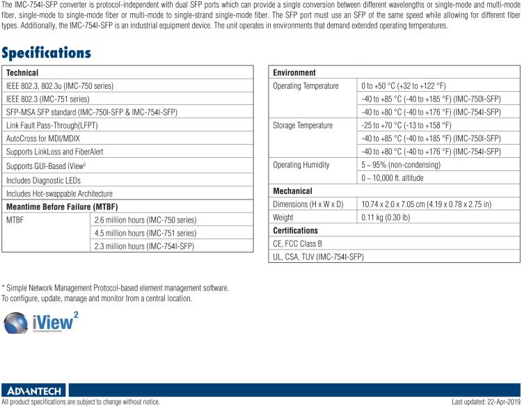 研華IMC-751-SSER Managed Modular Media Converter, 100Mbps, Single-Strand 1550xmt, 40km, SC (also known as iMcV 850-15636)