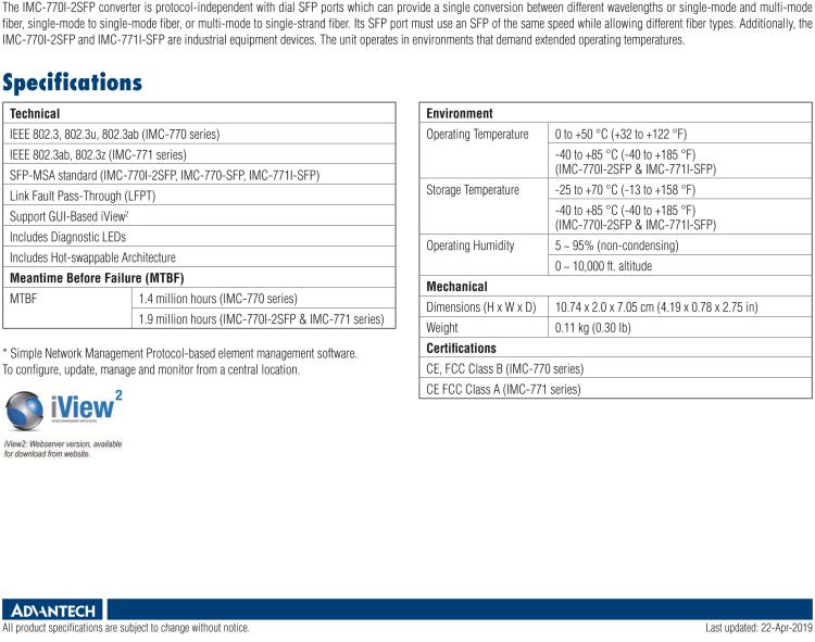 研華IMC-771-SSET Managed Modular Media Converter, 1000Mbps, Single-Strand 1310xmt, 40km, SC (also known as iMcV 850-15525)