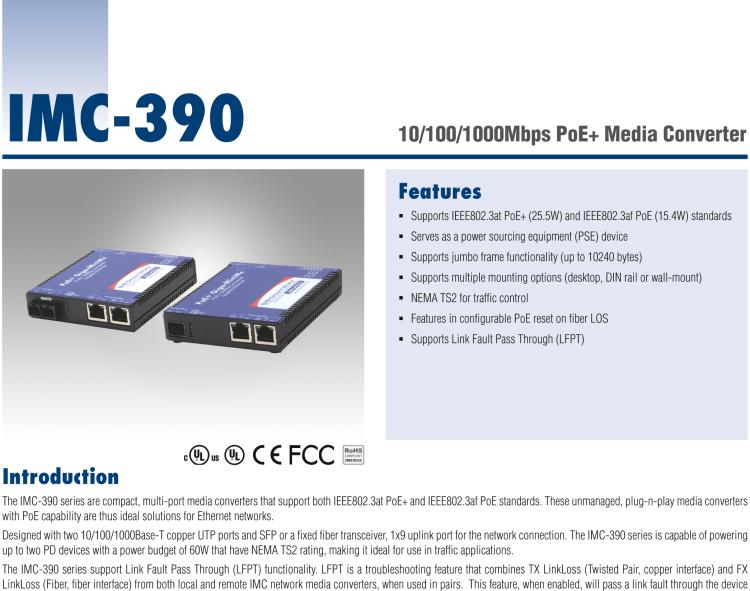 研華IMC-390-SM Mini PoE+ Media Converter, 1000Mbps, Single mode 1310nm, 15km, SC (also known as MiniMc 857-11914TG)