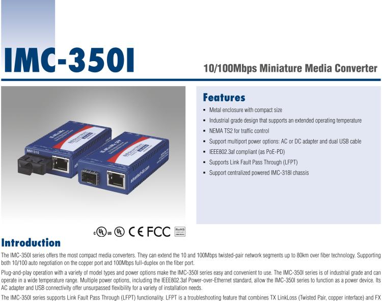 研華IMC-350I-MMST-A Mini Hardened Media Converter, 100Mbps, Multimode 1300nm, LFPT, 5km, ST