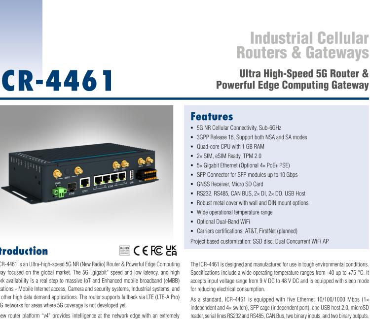 研華ICR-4461S ICR-4400, GLOBAL, NAM, 5x Ethernet, 1x RS232, 1x RS485, CAN, PoE PSE+, SFP, USB, SD, Without Accessories