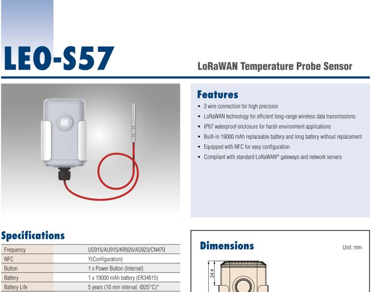 研華LEO-S57 LoRaWAN Temperature Probe Sensor for Cold Chain and Hot Environments