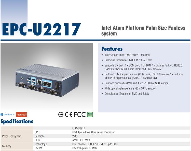 研華EPC-U2217 Intel Atom第六代Apollo Lake無風(fēng)扇嵌入式工控機，3LAN，板載eMMC，CANBUS