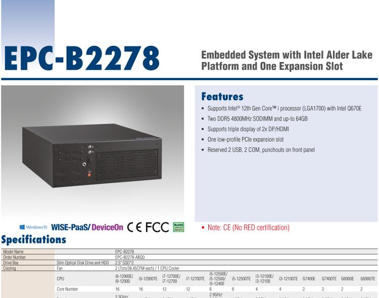 研華EPC-B2278 適配Intel 第12代 Core i 系列處理器，搭載Q670E芯片組。2U高度，精簡(jiǎn)尺寸，性能強(qiáng)勁，是小尺寸高性能場(chǎng)景的理想解決方案。