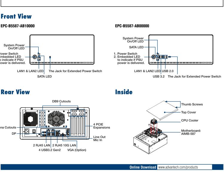 研華EPC-B5587 適配Intel? 第10代 Core i / Xeon W系列處理器，搭載W480E芯片組。標準4U上架，工業(yè)級品質(zhì)，穩(wěn)定可靠。廣泛適用于高端AI服務(wù)器等應(yīng)用。