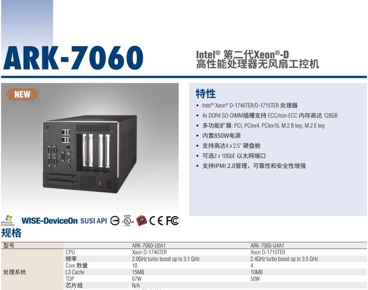 研華ARK-7060 搭載Intel二代Xeon D-1700高性能處理器系統(tǒng)，具有3個擴展插槽