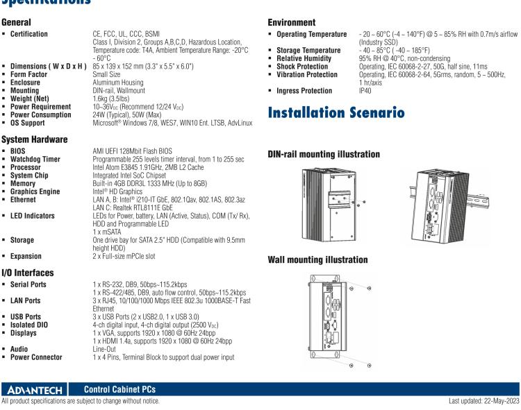 研華UNO-1372GH 通過Class I，Division 2認(rèn)證的導(dǎo)軌安裝工業(yè)控制器，搭配英特爾?凌動(dòng)?四核處理器