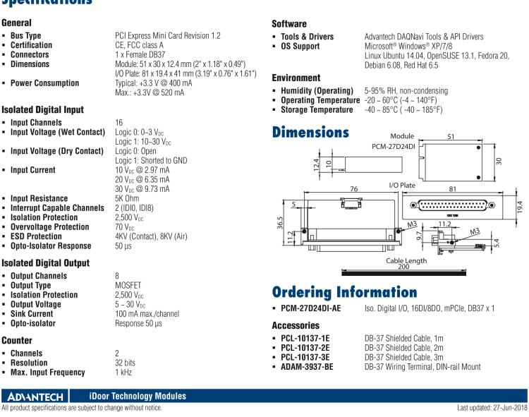 研華PCM-27D24DI 24通道隔離數字量 I/O 帶計數器 mPCIe, DB37