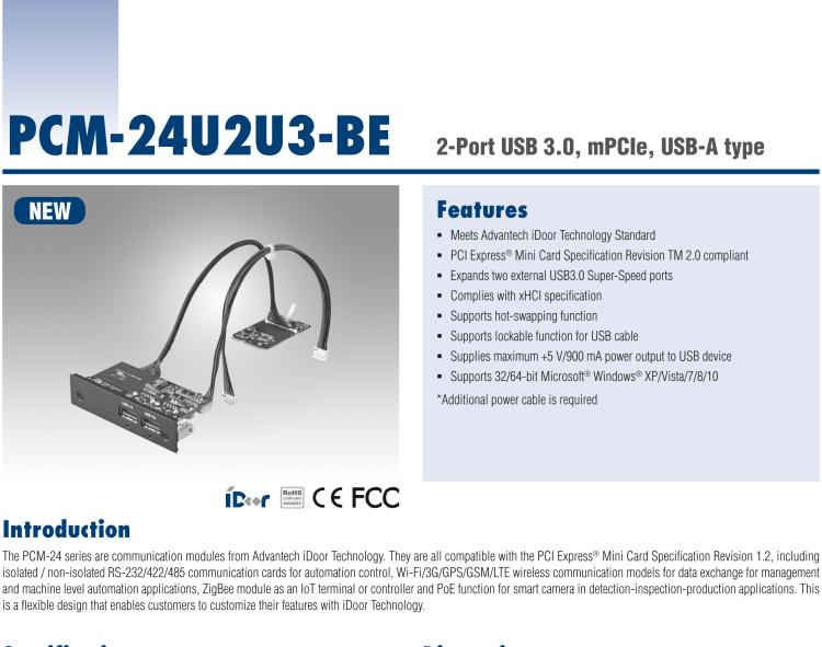 研華PCM-24U2U3 2端口USB 3.0，mPCIe，USB-A型