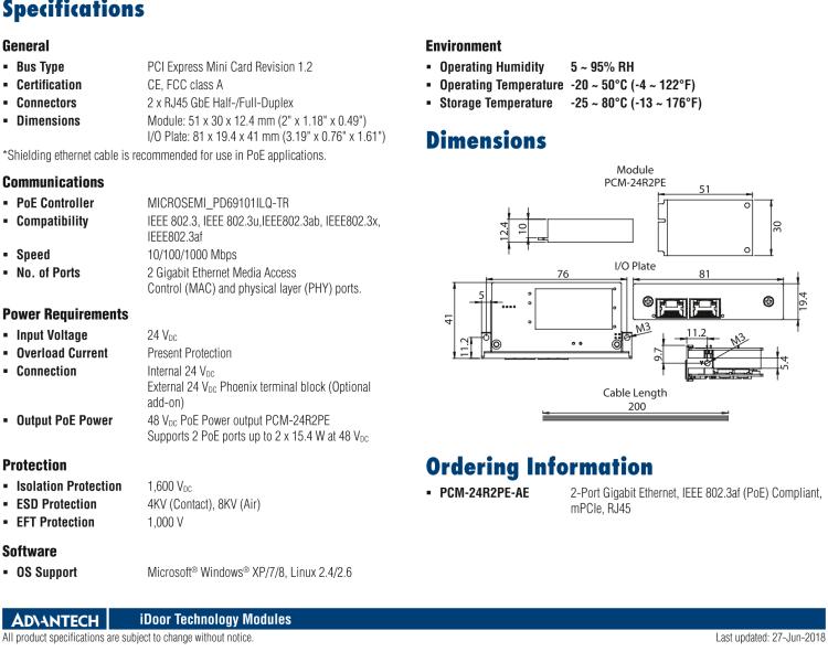 研華PCM-24R2PE 2端口千兆以太網(wǎng)，兼容IEEE 802.3af（PoE），mPCIe，RJ45