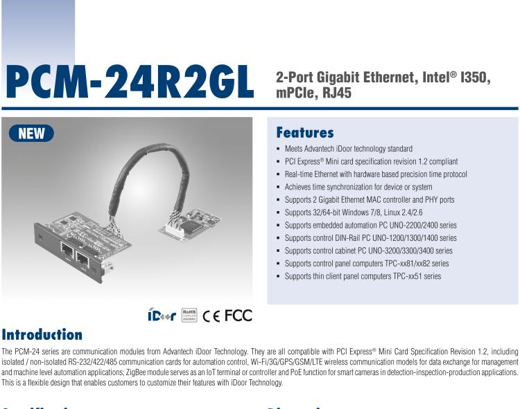 研華PCM-24R2GL 2端口千兆以太網(wǎng)，mPCIe，RJ45