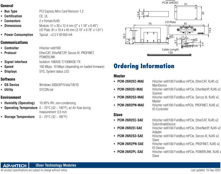 研華PCM-26R2PN 2端口 Hilscher netX100 現(xiàn)場總線 mPCIe, PROFINET, RJ45