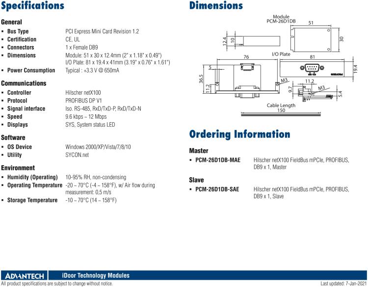 研華PCM-26D1DB 1端口 Hilscher netX100 現(xiàn)場總線 mPCIe，PROFIBUS，DB9