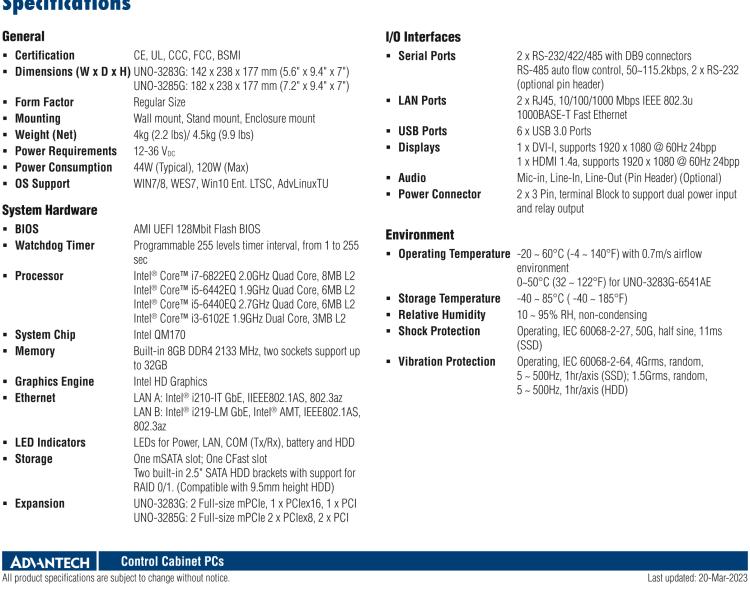 研華UNO-3283G 高效能嵌入式無風(fēng)扇工業(yè)電腦，搭配Intel? Core? i 處理器，2×GbE, 2×mPCIe, HDMI, DVI-I