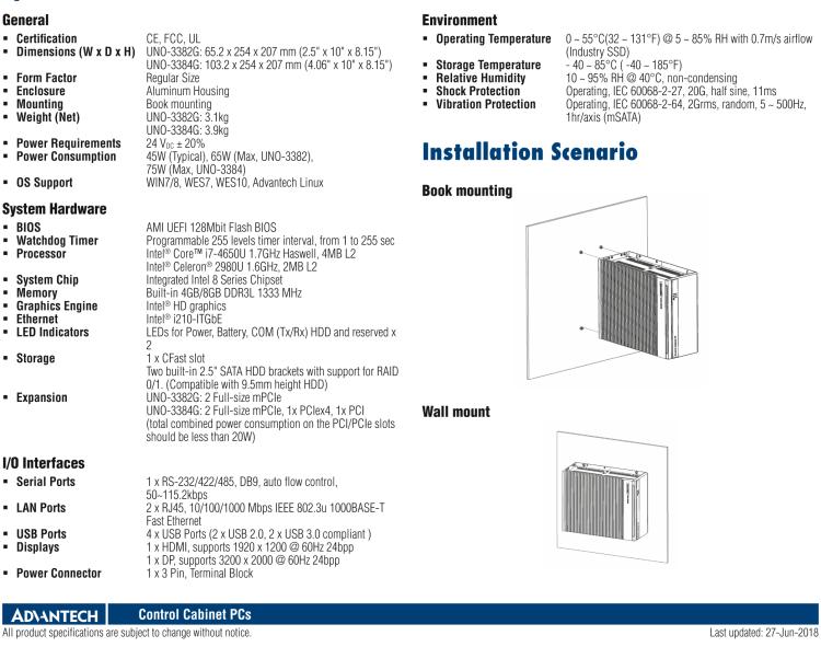 研華UNO-3382G Intel? Core? i7/Celeron控制柜PC，2 x GbE, 2 x mPCIe, HDMI/DP