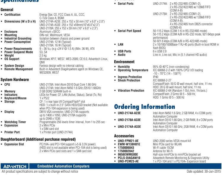 研華UNO-2178A Intel? Atom? D510無風扇嵌入式工業(yè)電腦，6 x USB, 8 x COM, 2 x Mini PCIe