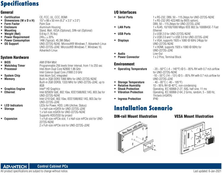 研華UNO-2272G 袖珍型嵌入式工控機(jī)，搭配Intel? Atom?處理器，1 x GbE, 2 x mPCIe, VGA/HDMI