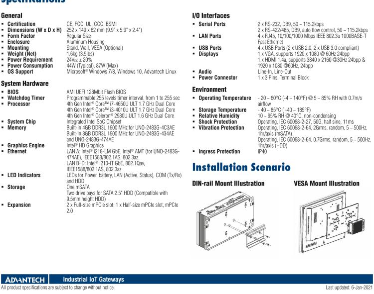 研華UNO-2483G 標(biāo)準(zhǔn)型嵌入式無風(fēng)扇工業(yè)電腦，搭配Intel? Core? i7/i3/Celeron處理器，4×GbE, 3×mPCIe, HDMI/VGA