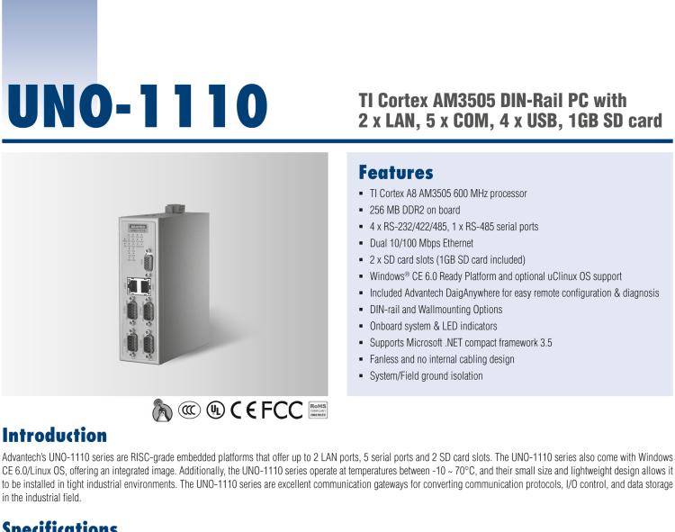 研華UNO-1110 導(dǎo)軌安裝型工業(yè)控制器，搭配TI Coretex AM3505 處理器，2×LAN，5×COM，4×USB，1 GB SD卡