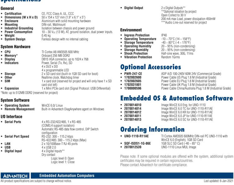 研華UNO-1110 導(dǎo)軌安裝型工業(yè)控制器，搭配TI Coretex AM3505 處理器，2×LAN，5×COM，4×USB，1 GB SD卡