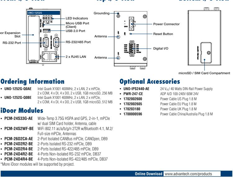 研華UNO-1252G 微型導軌安裝工業(yè)物聯(lián)網網關，搭配英特爾? Quark? 微控制器，2×LAN，2×mPCIe，2×COM，8×DI/O，2×USB，1×1GB microSD card，1×SIM