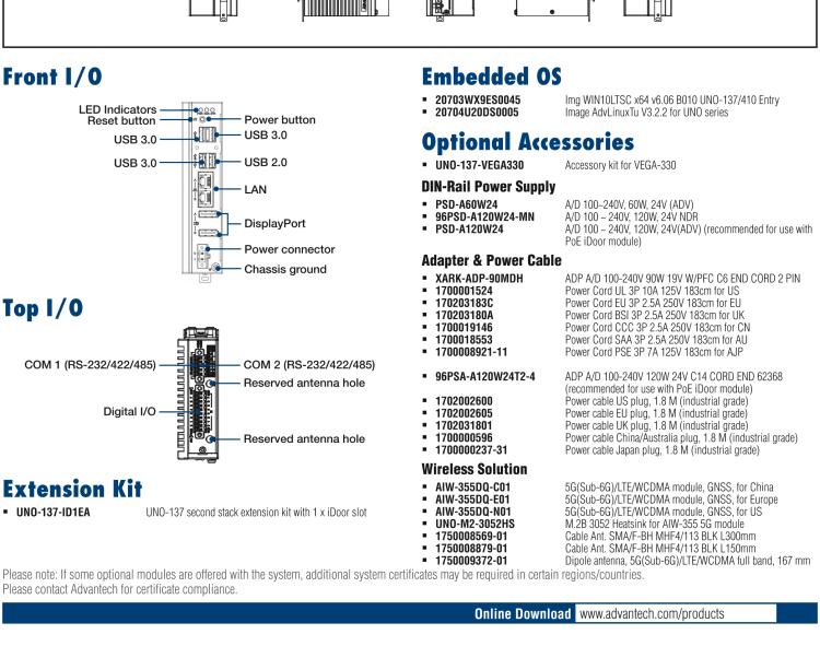 研華UNO-137 DIN導(dǎo)軌控制器，配備Intel?Atom?E3940 CPU、2個LAN、2個COM、3個USB 3.0、1個USB 2.0、2個DP 1.2、8個DI、8個DO、1個M.2、1個mPCIe、TPM 2.0