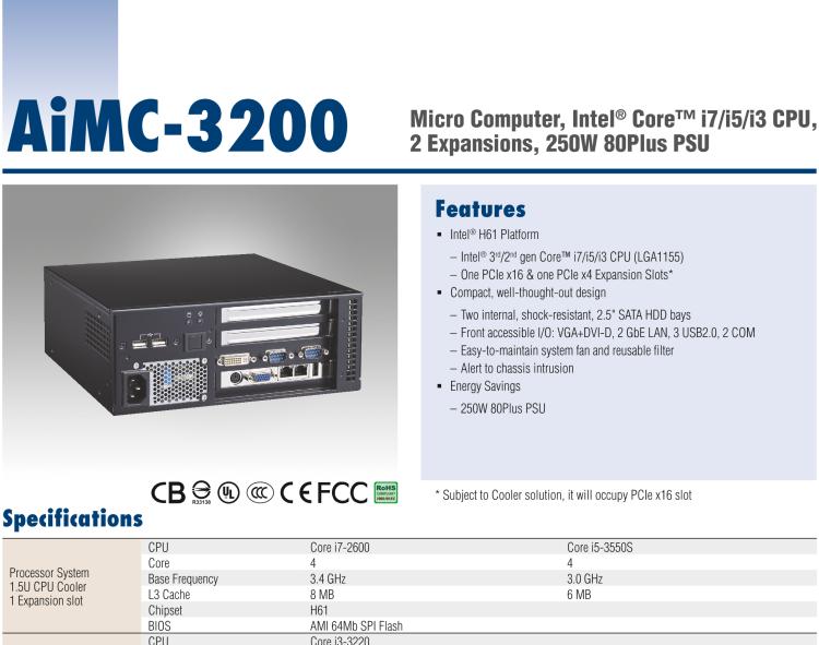 研華AiMC-3200 智能微型工控機(jī)，Intel Core i7/i5/i3 CPU,2 擴(kuò)展槽，250W 80 Plus PSU