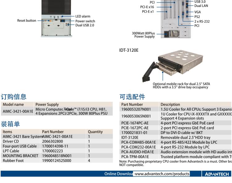 研華AIMC-3421 智能微型計算機，支持英特爾酷睿? i7/i5/i3 CPU,H81芯片組，4個擴展槽2PCI/2PCIe,300W 80Plus 電源