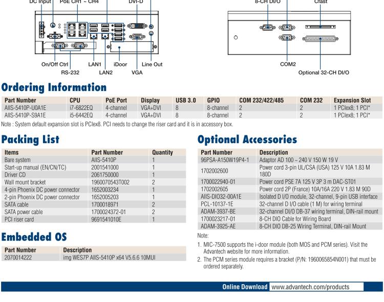 研華AIIS-5410P 無風(fēng)扇視覺系統(tǒng)，Intel Core? i 處理器，4通道 GigE PoE 相機(jī)界面和 PCIe 插槽