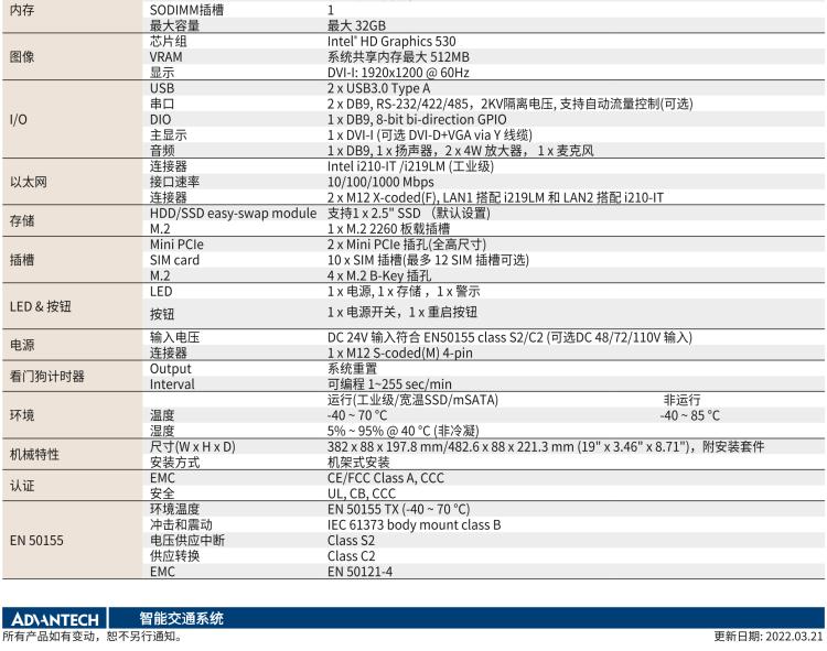 研華ITA-5231W 英特爾?第六代酷睿?i處理器無風(fēng)扇系統(tǒng)；符合EN 50155的鐵路應(yīng)用