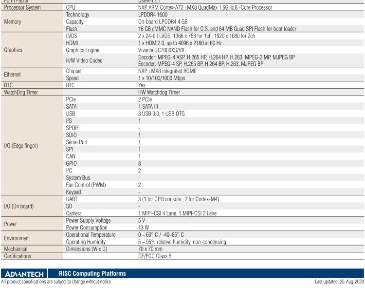 研華ROM-7720 基于NXP i.MX 8QM Qseven Arm核心模塊，多核異構，具備優(yōu)異的計算及圖形顯示性能