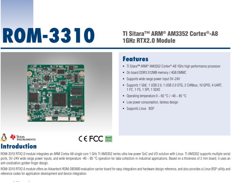 研華ROM-3310 基于TI AM3352 Cortex A8 1GHz RTX 2.0 的標(biāo)準(zhǔn)核心板，適用于寬溫抗震等工業(yè)自動化領(lǐng)域