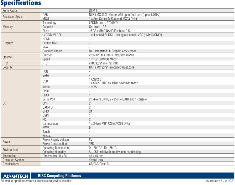 研華ROM-2820 NXP i.MX 93/91 Cortex?-A55 OSM 1.1 Computer-on-Module