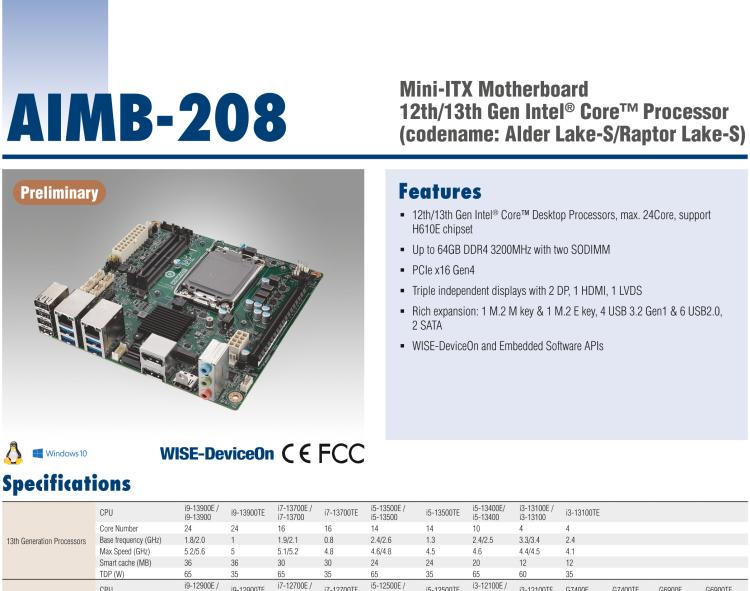 研華AIMB-208 適配Intel 第12/13代 Core i/奔騰系列處理器，搭載H110芯片組。高性價比，擁有豐富的擴展接口，通用性強，穩(wěn)定可靠。