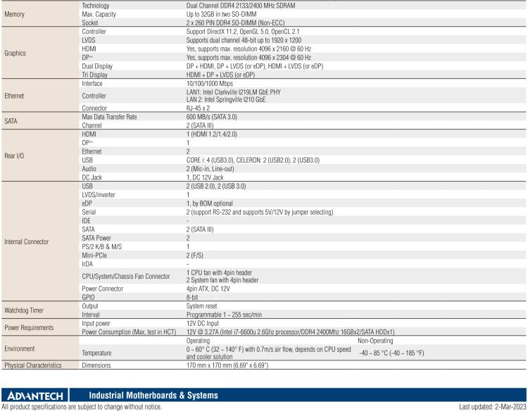 研華AIMB-232 板載Intel? 第6/7代 Core? i/賽揚(yáng) 處理器。超薄設(shè)計(jì)，無風(fēng)扇設(shè)計(jì)，支持寬溫。