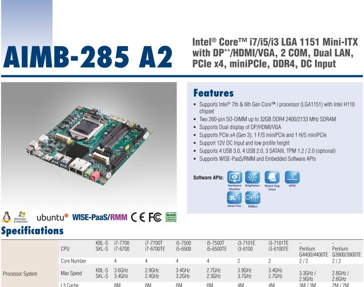 研華AIMB-285 適配Intel? 第6/7代 Core? i 處理器，搭載H110芯片組。超薄緊湊，是理想的高性價比解決方案。