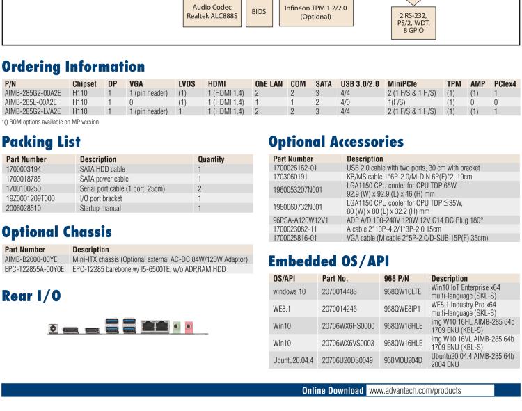 研華AIMB-285 適配Intel? 第6/7代 Core? i 處理器，搭載H110芯片組。超薄緊湊，是理想的高性價(jià)比解決方案。