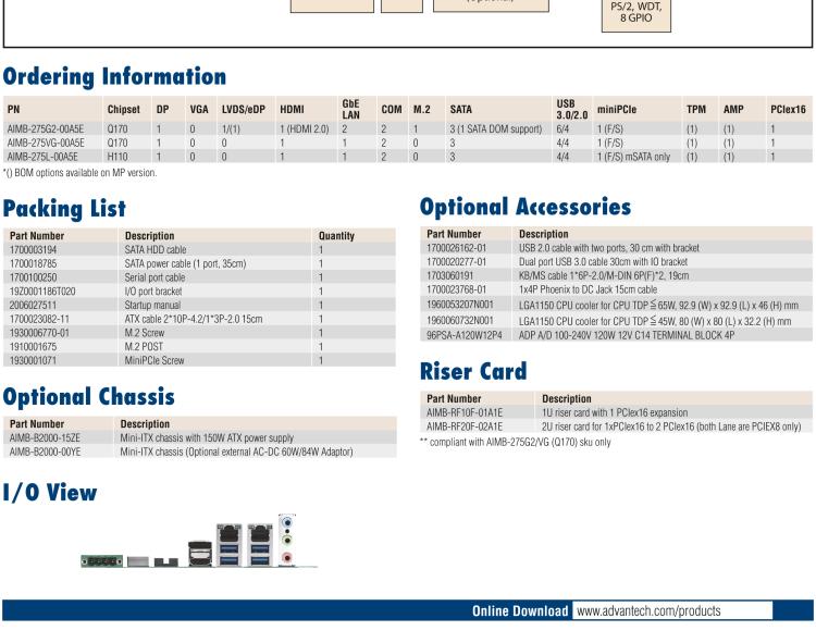 研華AIMB-275 適配Intel? 第6/7代 Core? i 處理器，搭載Intel Q170/H110芯片組。性能強(qiáng)勁，接口豐富。