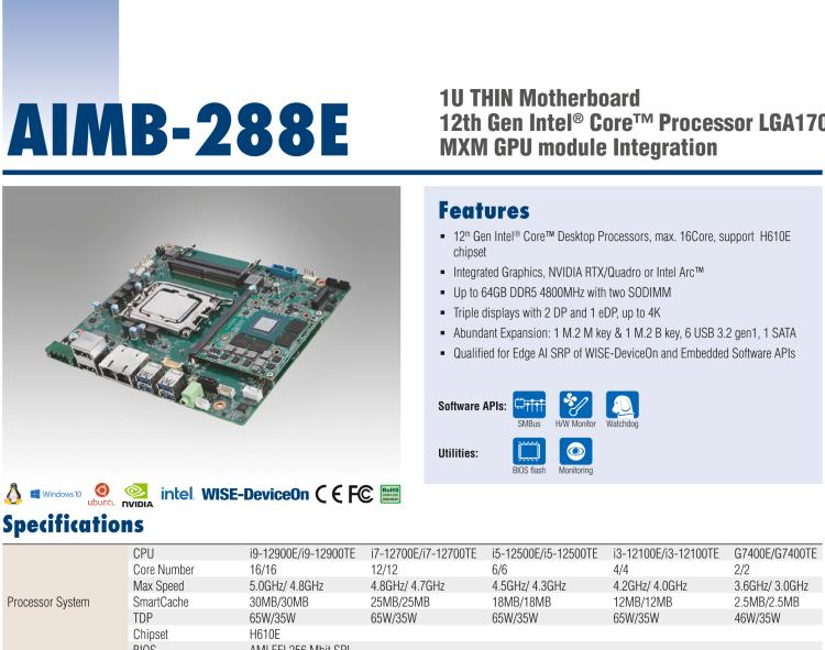 研華AIMB-288E 板載Intel 第12代 Core i 桌面級(jí)CPU。橫向顯卡插槽，搭配N(xiāo)VIDIA Quadro T1000 MXM顯卡。超薄散熱設(shè)計(jì)，高性能選擇方案。