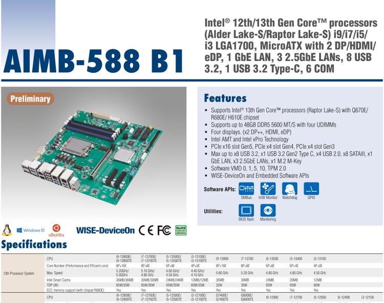 研華AIMB-588B1 適配Intel 第12/13代 Core i/奔騰系列處理器，搭載Q670E/R680E/H610E芯片組。性能可達(dá)服務(wù)器級別，獨立四顯，具備專業(yè)的圖像處理能力，是理想的行業(yè)解決方案。