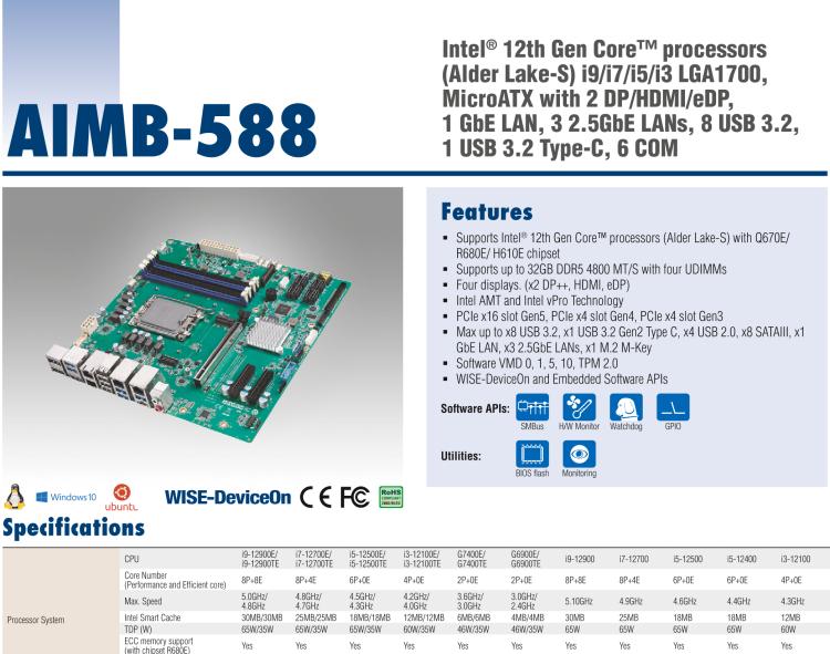 研華AIMB-588 適配Intel 第12代 Core i 系列處理器，搭載Q670E/ R680E/ H610E芯片組。高性能可達服務(wù)器級別高端產(chǎn)品，獨立四顯，專業(yè)的圖像處理能力，是理想的行業(yè)解決方案。