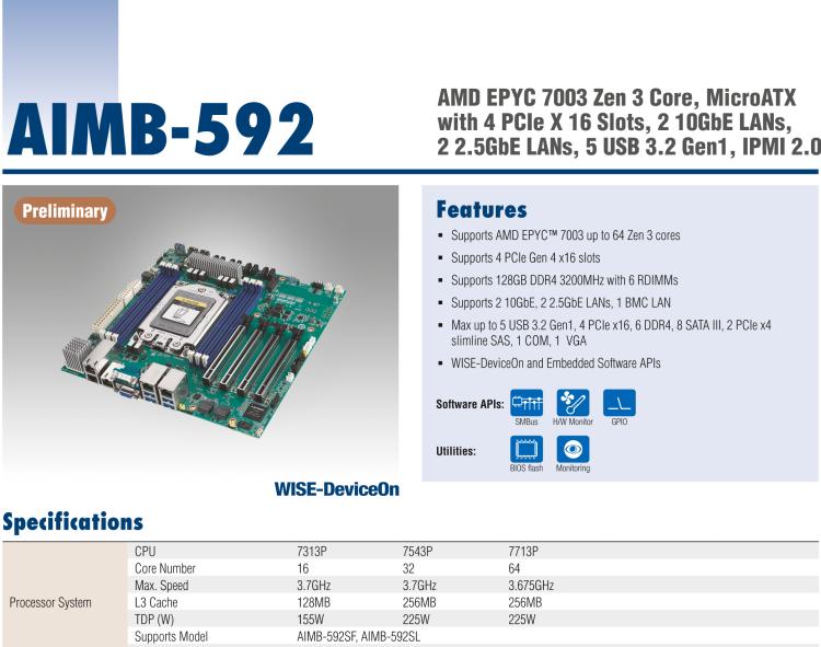 研華AIMB-592 適配AMD EPYC 7003系列處理器。性能達(dá)到服務(wù)器級(jí)別，4路PCIe x16滿足各類拓展需求，可做小型工作站、小型視覺(jué)圖像處理服務(wù)器使用。