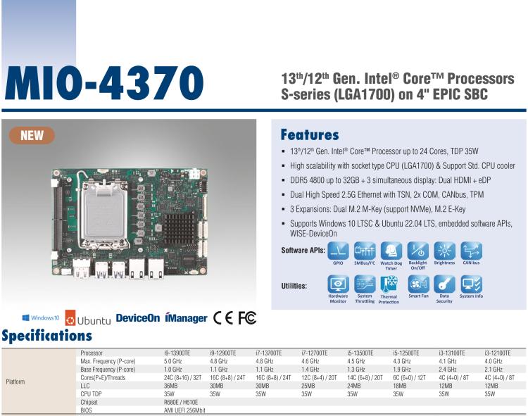 研華MIO-4370 基于第12代Intel Core處理器（Alder Lake-S系列，LGA1700 socket CPU）， 4" EPIC 單板電腦