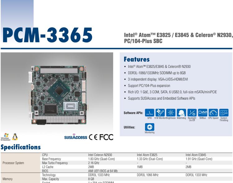 研華PCM-3365 英特爾第四代凌動(dòng)?Atom?E3825 / E3845＆賽揚(yáng)?N2930，PC / 104-Plus嵌入式主板，ISA，VGA，HDMI / DVI，LVDS，6 USB，mSATA或板載SSD