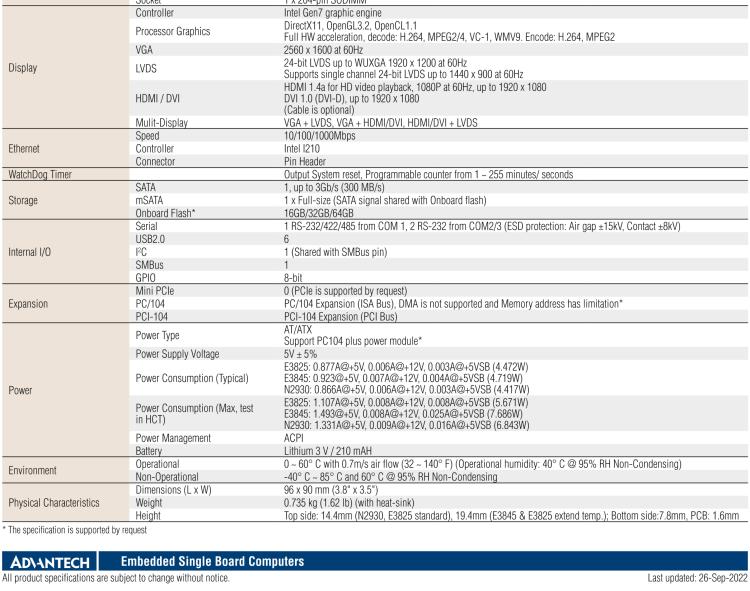 研華PCM-3365 英特爾第四代凌動(dòng)?Atom?E3825 / E3845＆賽揚(yáng)?N2930，PC / 104-Plus嵌入式主板，ISA，VGA，HDMI / DVI，LVDS，6 USB，mSATA或板載SSD