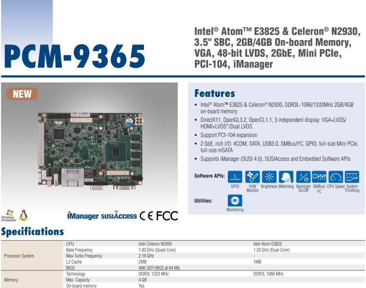 研華PCM-9365 第四代ATOM PCI-104 3.5寸主板, 搭載E3825，N2930 CPU，2GB/4GB內(nèi)存在板，VGA, 18/24-bit LVDS, 2GbE, Mini PCIe, PCI-104, iManager