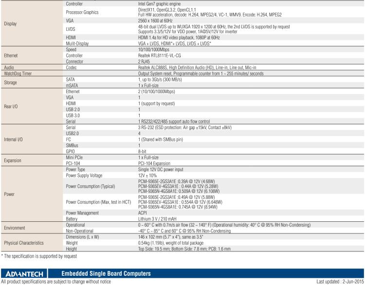 研華PCM-9365 第四代ATOM PCI-104 3.5寸主板, 搭載E3825，N2930 CPU，2GB/4GB內(nèi)存在板，VGA, 18/24-bit LVDS, 2GbE, Mini PCIe, PCI-104, iManager