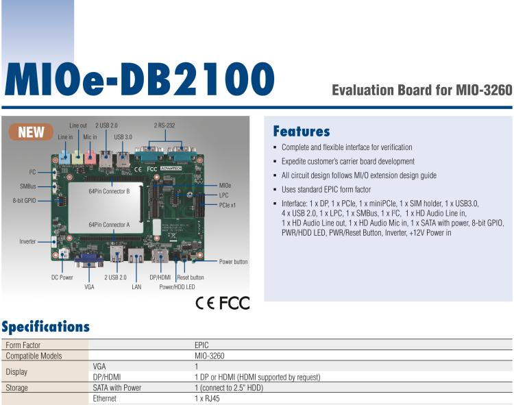 研華MIOE-DB2100 MIOe擴(kuò)展評估底板,適用MIO-3260全插針式2.5寸主板