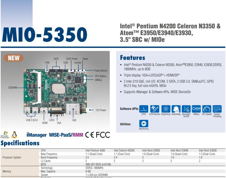 研華MIO-5350 英特爾第六代凌動 Atom?奔騰N4200/N3350，3.5寸單板電腦